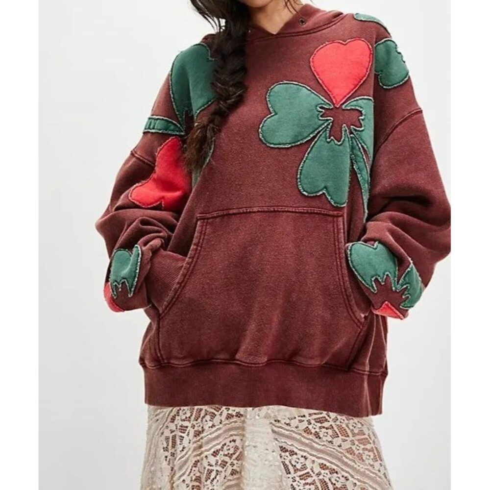 Free People We The Free it's a Vibe Flowers Hoodie Sweatshirt Tunic Top L 289213